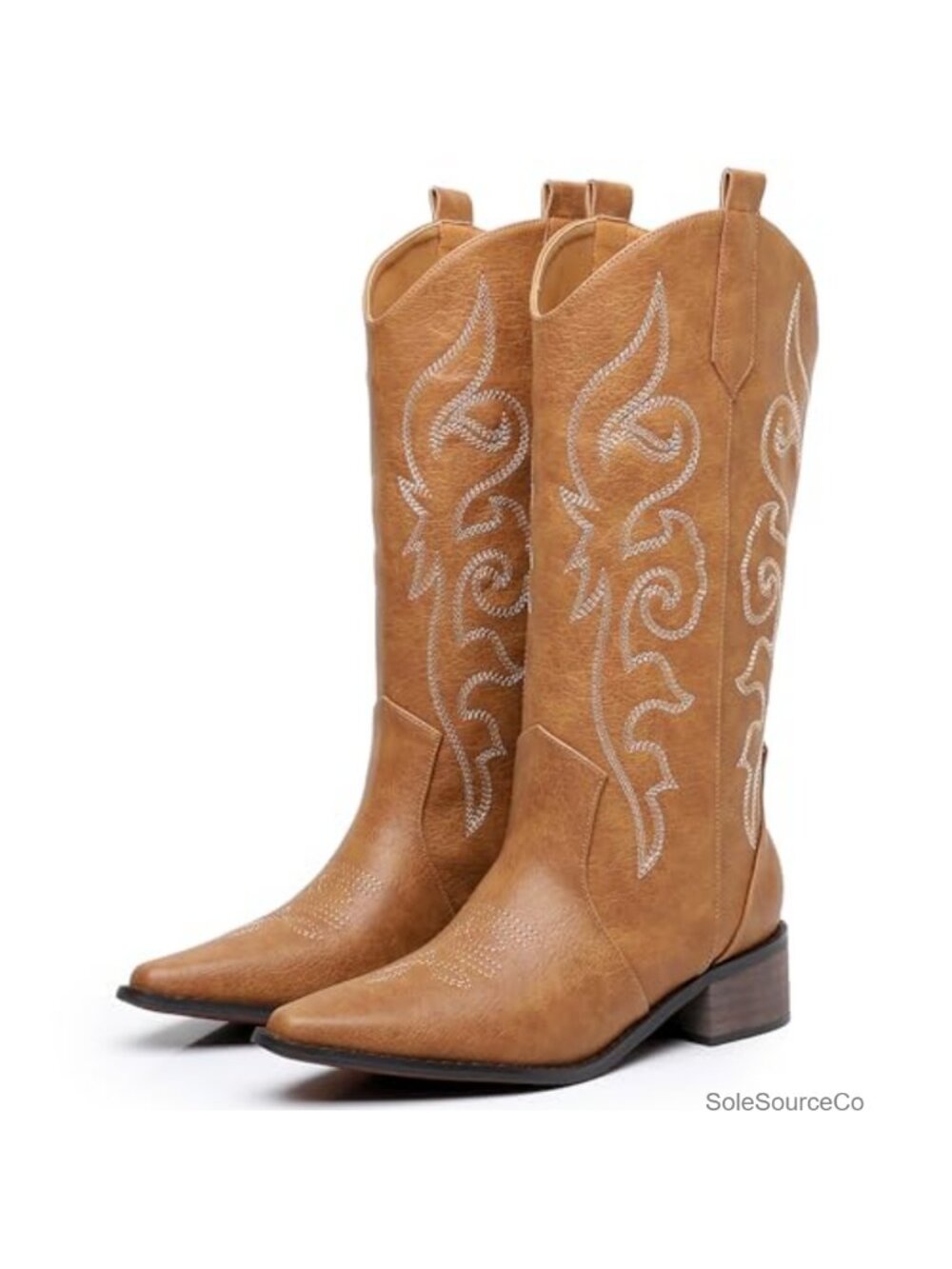 Cowboy Boots Pointed Toe Chunky Heel Western Embroidered Faux Leather